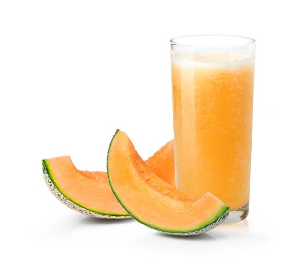 Melon juice and melon fruit cut sliced isolated on white background.